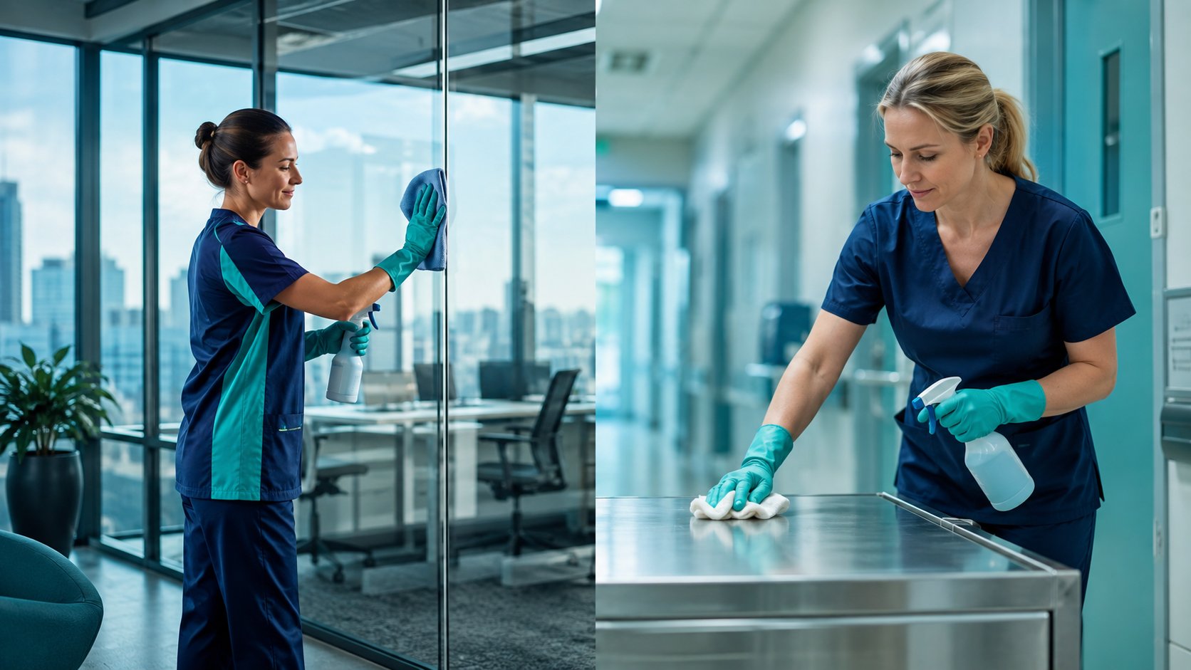 Equipo SmartClean realizando limpieza corporativa en oficina y limpieza clínica en centro de salud